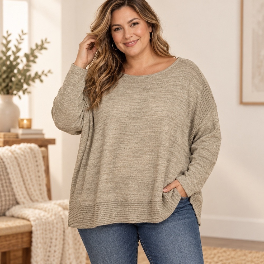 Design History Womens 1X Tan Marl Oversized Knit Scoop Neck 3/4 Sleeve Sweater